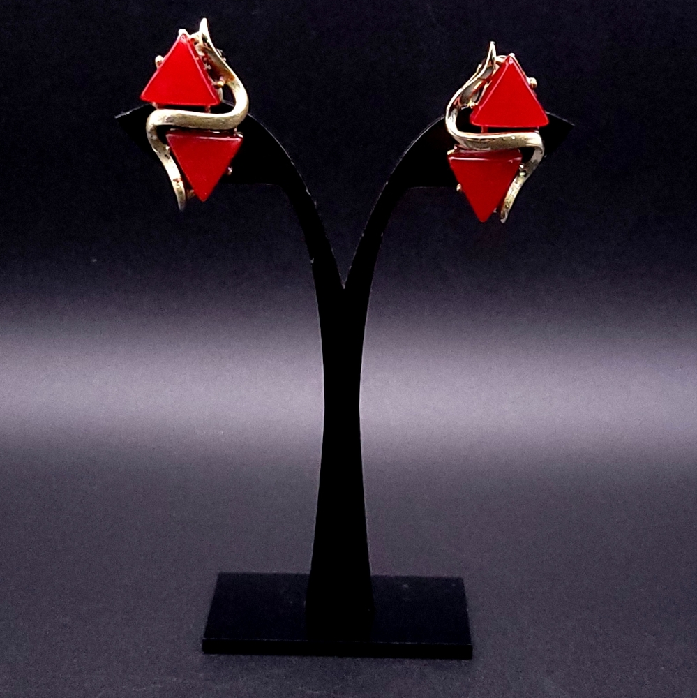 Coro Vintage Red Moon Glow Lucite Gold Tone Clip-On Earrings